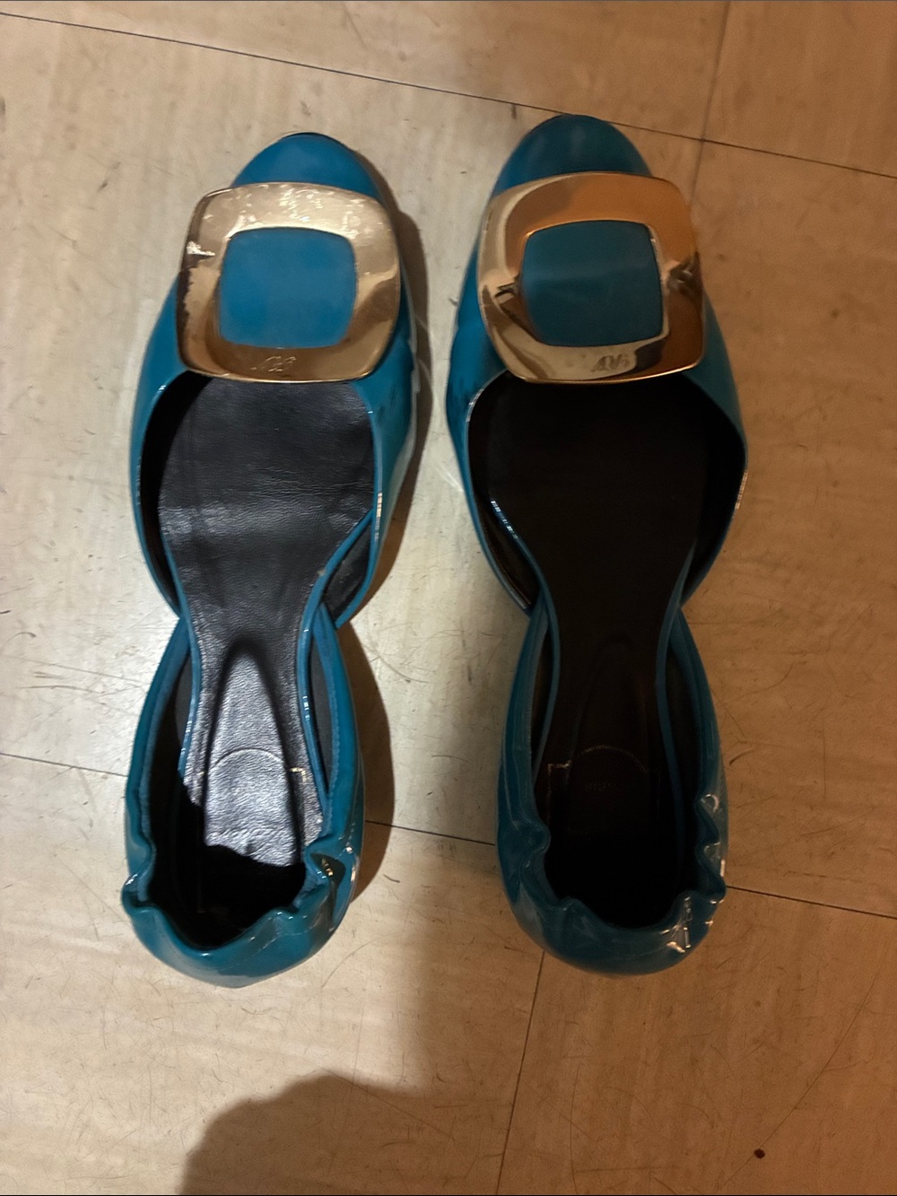 Vintage Roger Vivier Teal Patent Ballet Flats with Metallic Buckle